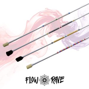 May include: A collection of silver fire poi, each with different coloured bands and black or tan fire wicks. The image features the text "FLOW RAVE" in a stylized font with a sunburst design. The poi are angled against a soft, abstract background.