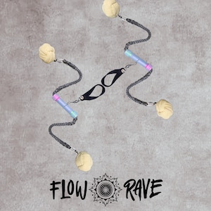 May include: A flow toy featuring two light blue handles with pink accents, connected by black braided cords to four beige spherical knots. Two black finger loops are attached to the centre. The text FLOW RAVE with a spiral icon is below.
