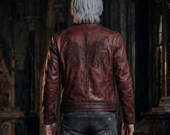 Devil Hunter Crimson Leather Jacket:Dante DMC5 Inspired Coat | Men’s Red Cosplay Trench Jacket Gaming Costume