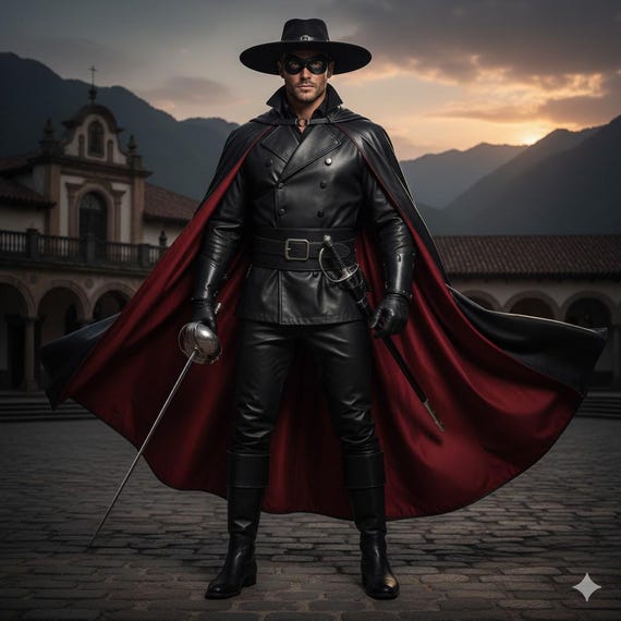 Zorro Leather Cosplay Costume: Cape, Hat & Mask, Renaissance Fair LARP Outfit