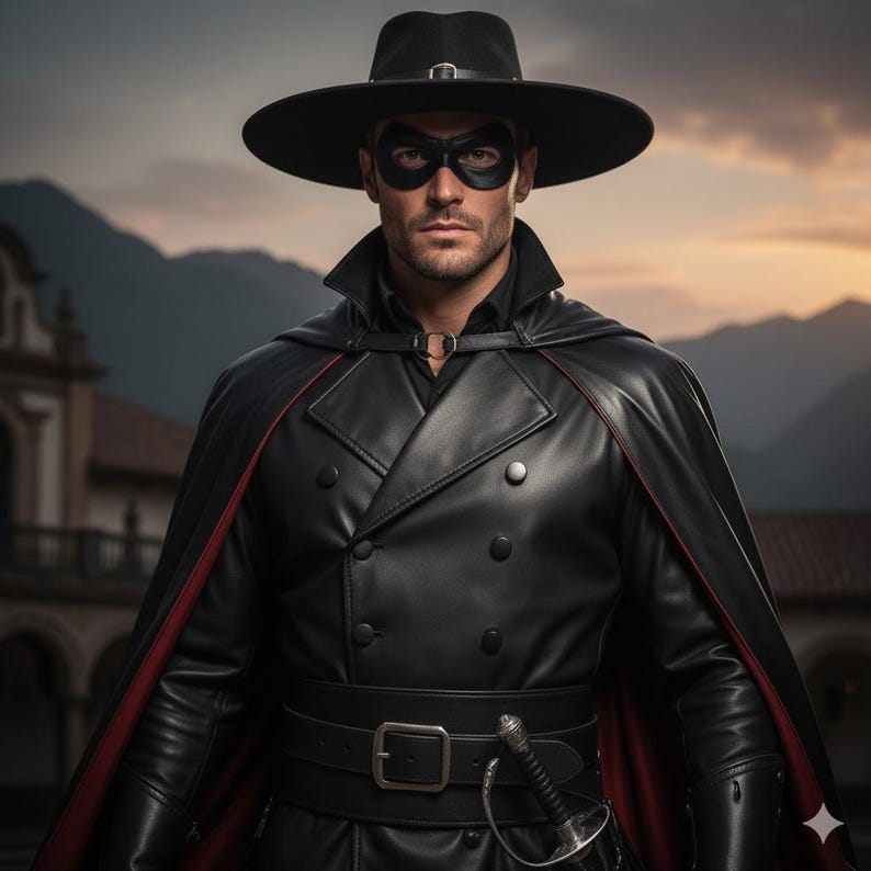 May include: A person in a black costume, including a wide-brimmed hat, eye mask, and a double-breasted coat with a cape. The cape has a red lining. A sword is attached to the belt. The background shows a mountain range and a building.