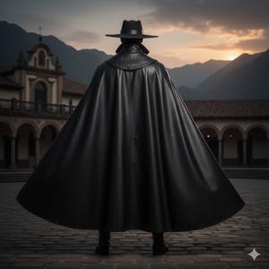 May include: A person wearing a black hat and a long black cape, standing with their back to the camera. The person is standing on a cobblestone surface, with a building and mountains in the background.