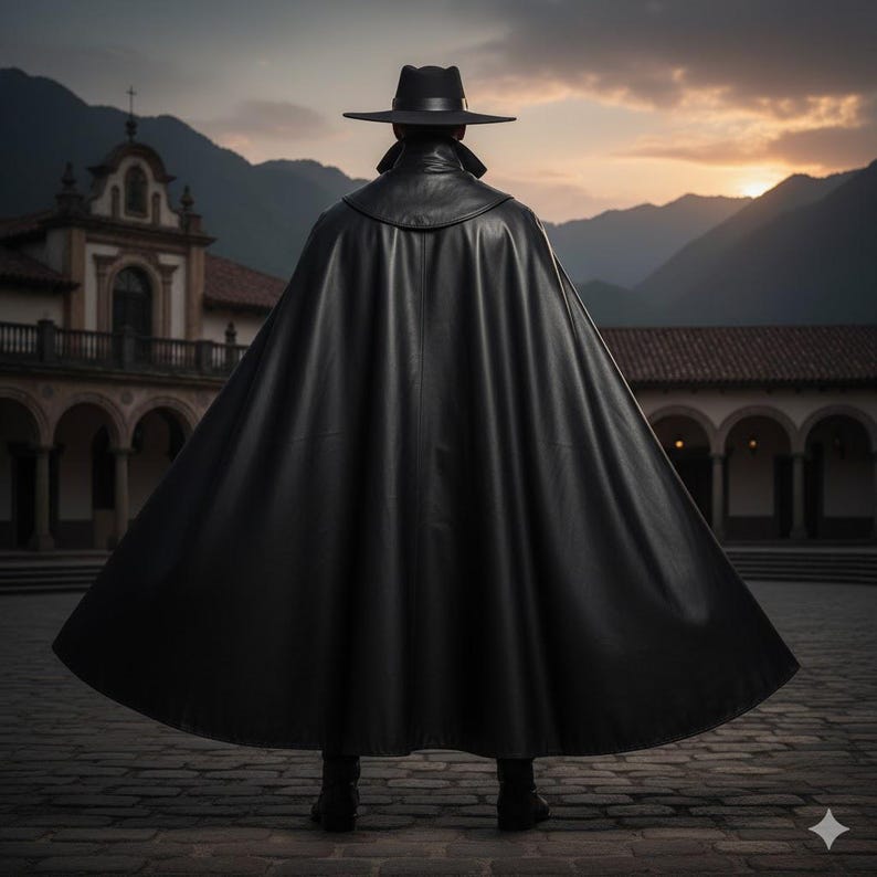 May include: A person wearing a black hat and a long black cape, standing with their back to the camera. The person is standing on a cobblestone surface, with a building and mountains in the background.