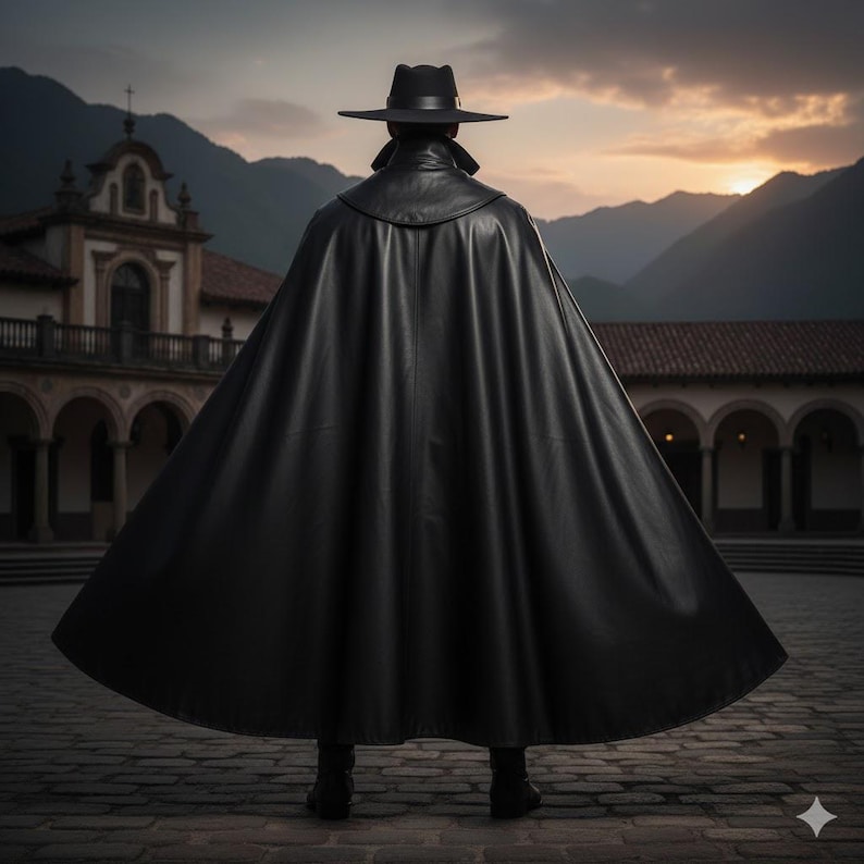 May include: A person wearing a black hat and a long black cape, standing with their back to the camera. The person is standing on a cobblestone surface, with a building and mountains in the background.