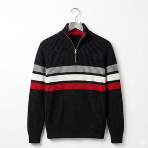 May include: Black knit sweater with a quarter-zip closure and a red, white, and gray striped design across the chest. The sweater has a textured waffle-knit pattern and a red inner collar. The sweater is hanging on a metal hanger.