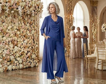 Elegant Chiffon Pant Suit for Women:Mother of the Bride Outfit, Wedding Guest Pantsuit, Formal Evening Wear, Flowy 3 Piece Set