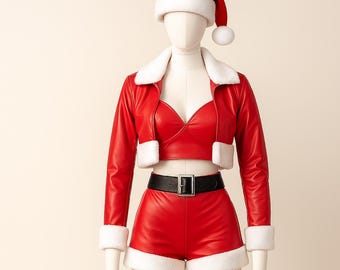 Op de afbeelding: Een rode kerstman kostuumset op een mannequin. De set bevat een korte jas met witte imitatiebont afwerking, bijpassende shorts, een zwarte riem en een kerstmuts met een witte pompon.