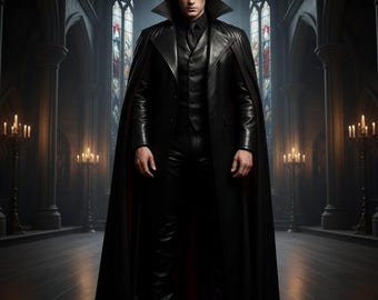 Men's Black Leather Vampire Cloak | Red Lining Gothic Costume
