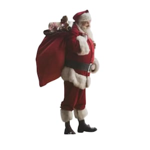 May include: Santa Claus figure in a red suit with white faux fur trim, a black belt, and black boots. He carries a large red sack filled with wrapped gifts over his shoulder. The figure has a long white beard and is wearing a red hat.