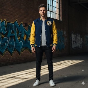 May include: A navy and yellow varsity jacket with a circular emblem on the chest. The jacket has yellow sleeves and a navy body. The person is wearing a grey t-shirt, black jeans, and white trainers. The background features graffiti art on a brick wall.
