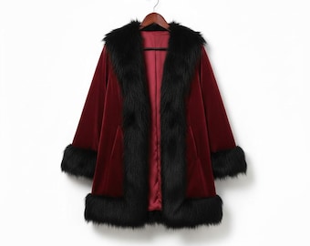 Women’s Red Velvet Cape with Faux Fur Trim | Elegant Hooded Winter Cloak | Christmas Costume Cape | Luxury Velvet Outerwear for Women
