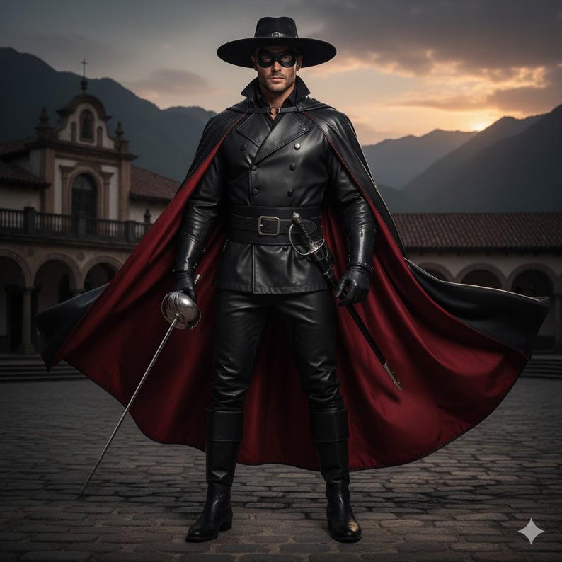 May include: A black leather costume with a red cape, black hat, and mask. The costume includes a double-breasted jacket, pants, and boots. A sword is held in the right hand. The background features a building and mountains.
