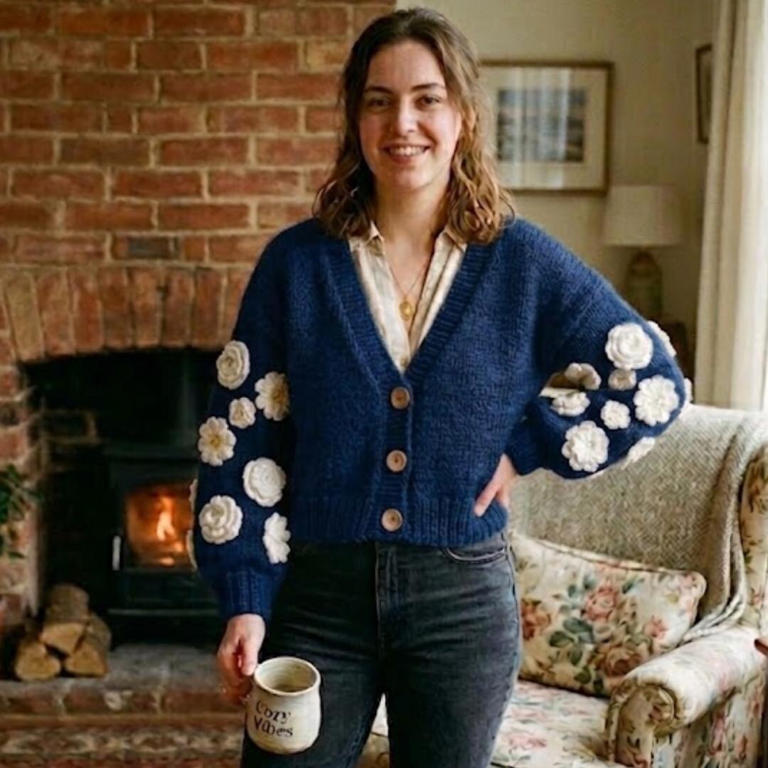 Red 3D Floral Cardigan:vintage Style V-neck Knit Sweater With