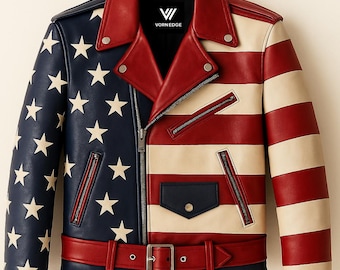 Handmade American Flag Leather Biker Jacket: Vintage Moto Style