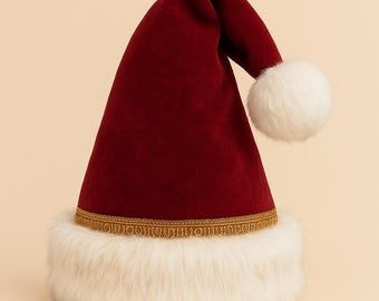 May include: A classic Santa hat with a deep red velvet crown and a white faux fur trim. The hat features a gold trim around the base of the crown and a white pom-pom at the tip. This festive hat is perfect for holiday celebrations.