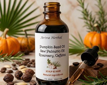Olio per la crescita dei capelli con bloccante del DHT, a base di serenoa repens, semi di zucca, rosmarino e caffeina, flacone in vetro da 60 ml.