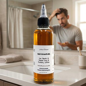 May include: A clear glass bottle of Aura Herbal Hair Growth Oil. The bottle has a black cap and a white label with text. The oil is amber-coloured. The label lists ingredients like Saw Palmetto Oil and Rosemary. The bottle is 118 ml.