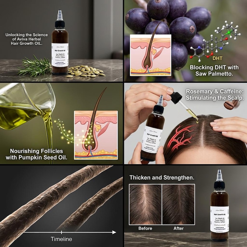 May include: A promotional image for Aviva Herbal Hair Growth Oil. It features the product bottle, diagrams of hair follicles, and text detailing benefits such as DHT blocking with Saw Palmetto and nourishment with Pumpkin Seed Oil.