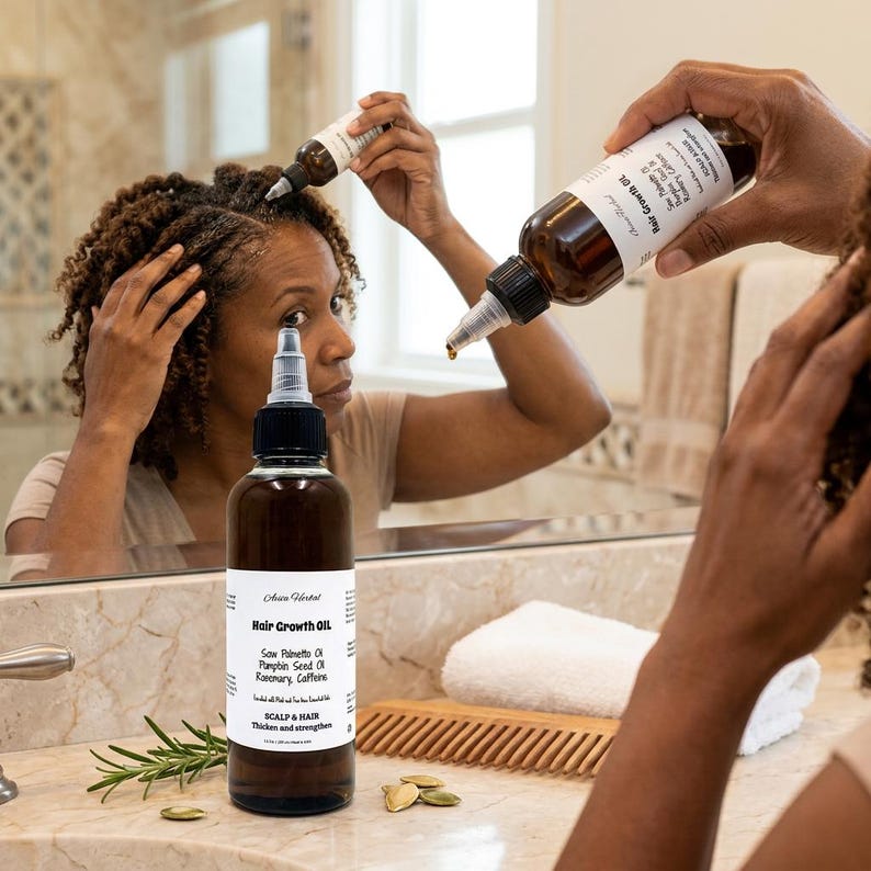 May include: A woman applying hair growth oil in front of a mirror. The brown bottle has a white label with the text "Hair Growth Oil" and ingredients listed. The oil is being applied to the scalp to thicken and strengthen hair.