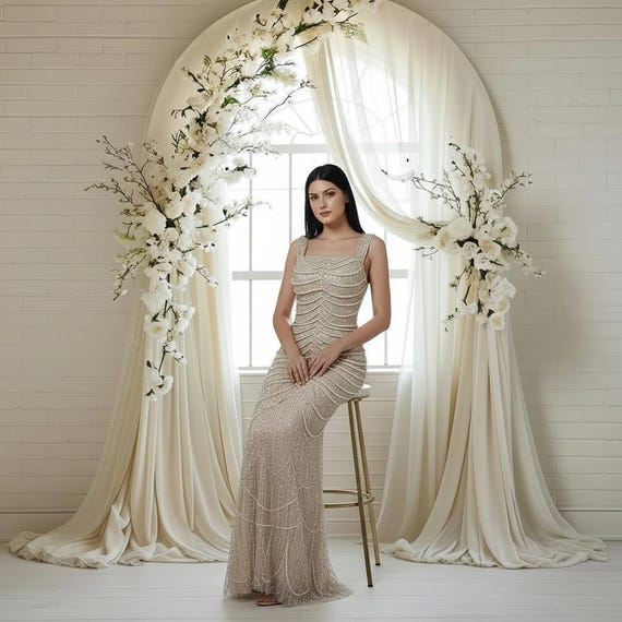 chinese dress ladies Champagne Glitter Maxi Dress with High Slit and Beaded Floral Detailing – Embellished Gown with Sheer Tulle Train Plus Size Size 12 / Champagne