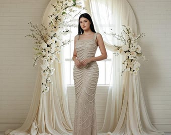 white christmas dresses Sensational champagne gold crystal-embellished maxi dress on spaghetti  straps main image 0