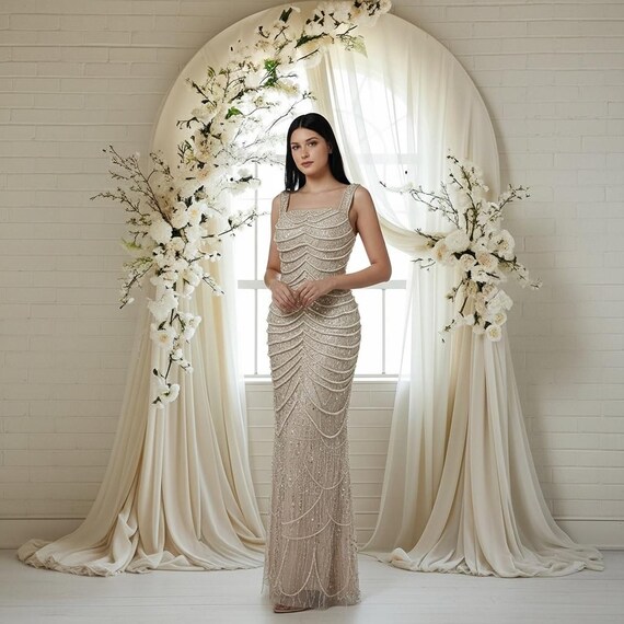 Hand Beaded Evening Gown | Champagne Maxi Dress - Etsy