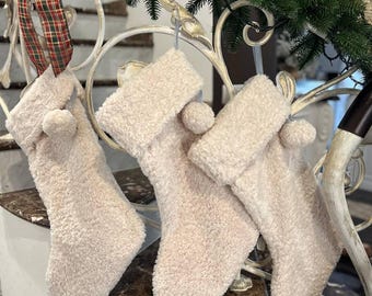 Set Of 2 Cream Christmas Stockings with Pom-Poms - Plush Soft Faux Fur Holiday Boot - Winter Xmas Sock