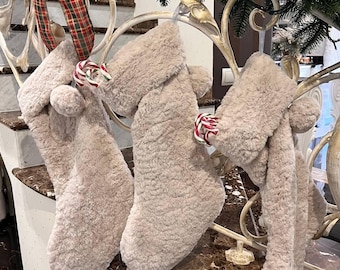 Set of 2 Big Sherpa Christmas Stockings 21.5in – Cream Faux Fur Holiday Gift Boot with Pom-Poms, Cozy Eco-Friendly Décor
