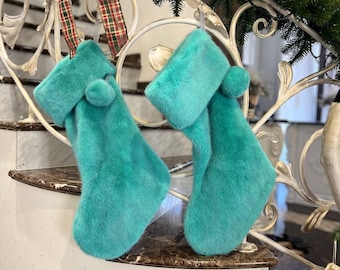 Set Of 2 Teal Christmas Stockings 21.5in – Plush Sherpa Holiday Decor, Cozy Christmas Mantel Socks, Modern Xmas Gift Holder