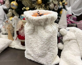 Large Sherpa Christmas Gift Bag 25 in – Cream Faux Fur Santa Sack, Cozy Neutral Holiday Decor, Scandinavian Reusable Present Bag