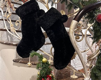 Set Of 2 Black Christmas Stockings 21.5 in – Modern Glam Holiday Mantel Sock, Plush Luxe Xmas Decor, Elegant Gift Holder