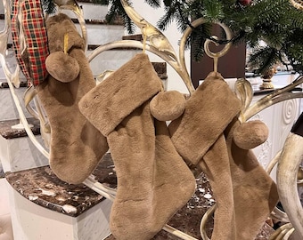 Set of 2 Big Faux Fur Christmas Stockings 21.5 inches: Soft Brown Holiday Decor with Pom-Poms