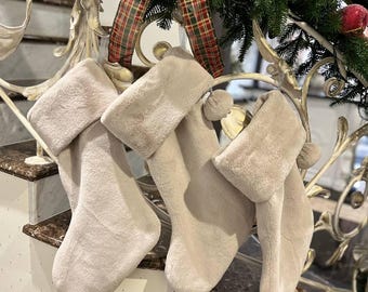 Set Of 2 Plush Christmas Stockings 21.5in – Soft Beige Holiday Fireplace Décor, Cozy Stocking for Christmas Mantle, Xmas Decoration