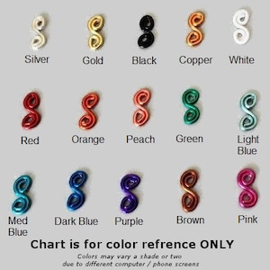 May include: Color chart showing 15 different colors of wire. The colors are silver, gold, black, copper, white, red, orange, peach, green, light blue, medium blue, dark blue, purple, brown, and pink.