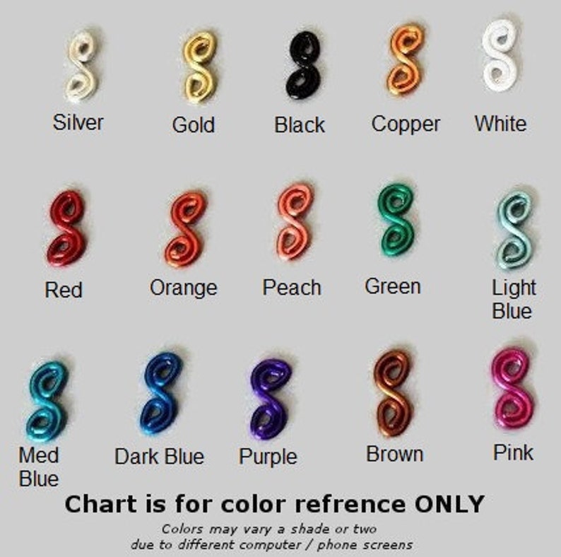 May include: Color chart showing 15 different colors of wire. The colors are silver, gold, black, copper, white, red, orange, peach, green, light blue, medium blue, dark blue, purple, brown, and pink.