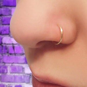 May include: A gold nose ring hoop, worn in a person's left nostril.
