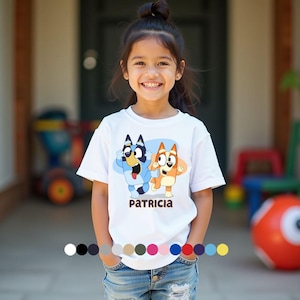 Fun Novelty Tshirt with added Name | Cartoon Characters Inspired Bluey & Bingo | Adult and Kids Sizes.