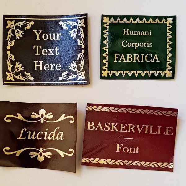 Paper-thin leather labels,  gold/silver lettering & designs - albums, weddings, signs,  gifts etc.