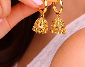 Gold Jhumka On Hoops,18k Gold Plated ,Mini Jhumka Earring ,Indian Style Earrings, Micro Jhumkas,Hoops Earring,Tiny Jhumkas