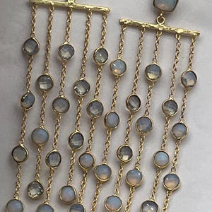 Puede incluir: Un par de pendientes dorados con una piedra cuadrada en la parte superior y múltiples cadenas colgantes. Cada cadena presenta piedras redondas y opalescentes. Los pendientes tienen un diseño delicado y elegante.