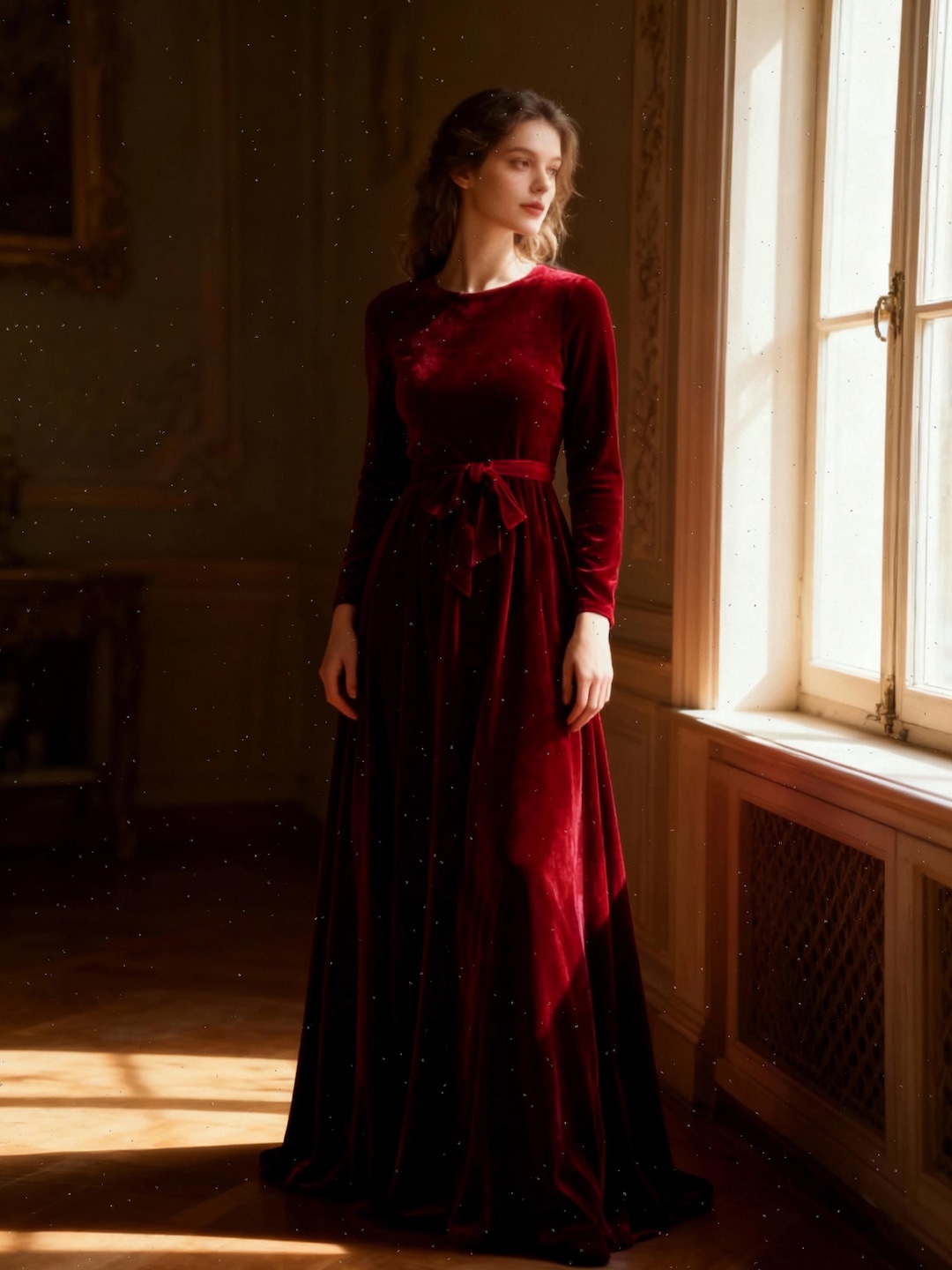 Women's Long Sleeve Deep Red Velvet Maxi Dress