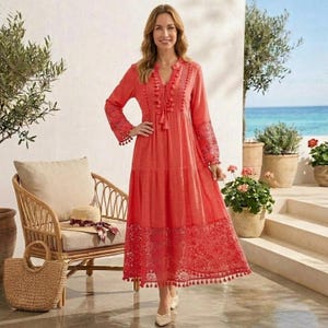 slim fit dress slacks Floral Embroidery Lace Long Dress Deep V Neck Long Sleeve See Through–  ZEAGOO main image 1