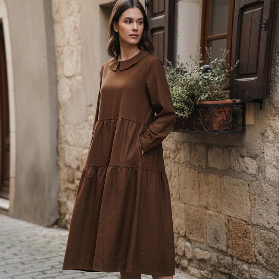 Autumn Brown Cordurody Dress, Long Sleeve Peter Pan Collar Dress
