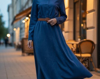 Navy Blue Belted Midi Dress | Long Sleeve Shirt Dress