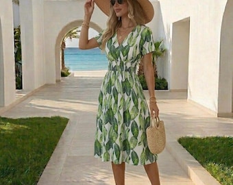 Lövklänning i midimodell, sommarklänning med v-ringning, klänning med hög midja, kortärmad strandklänning, semesteroutfit med Cottagecore-motiv, present till högtiderna