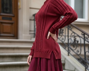 Women's Burgundy Chunky Knit Sweater Dress | Thick Long Pullover Dress | Warm Autumn/Winter Knit Dress | Holiday Outfit | Gift for Her