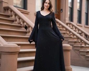 Black Gothic Long Dress, Women's V-neck Bell Sleeve Dress, Creative Pleated Waist, Long-sleeved Evening Gown, Women's Gift