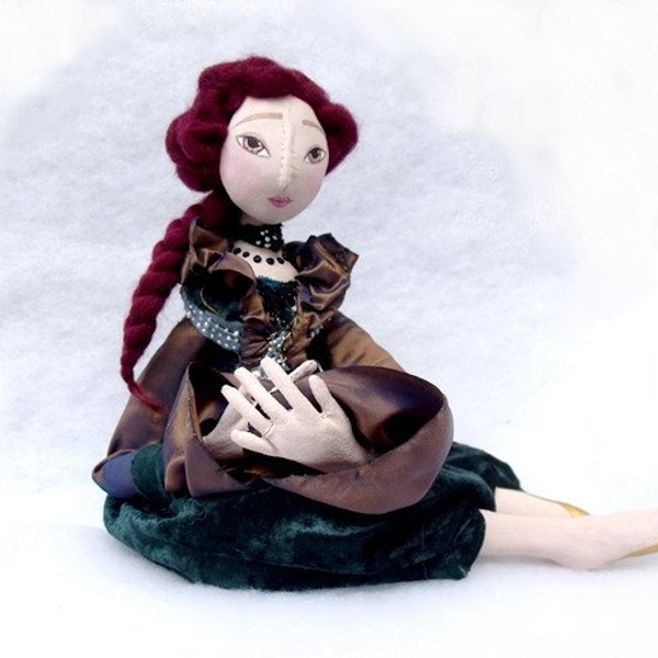 Autumn Cloth ART DOLL. OOAK articulated / jointed soft art doll with Carmine/ burgundy hair