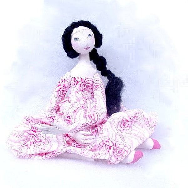 ART DOLL. Cloth, summerstyle, handmade art doll. Soft doll with black hair,  PINK and White dress. Shabby, cottage chic style  sculpture.