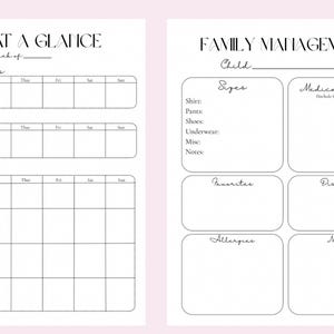 May include: Two-page planner with a pink background. The left page is for weekly tasks and meals, with sections for tasks, cleaning, and meals. The right page is for family management, including sizes, medication info, favorites, dislikes, allergies, and notes.